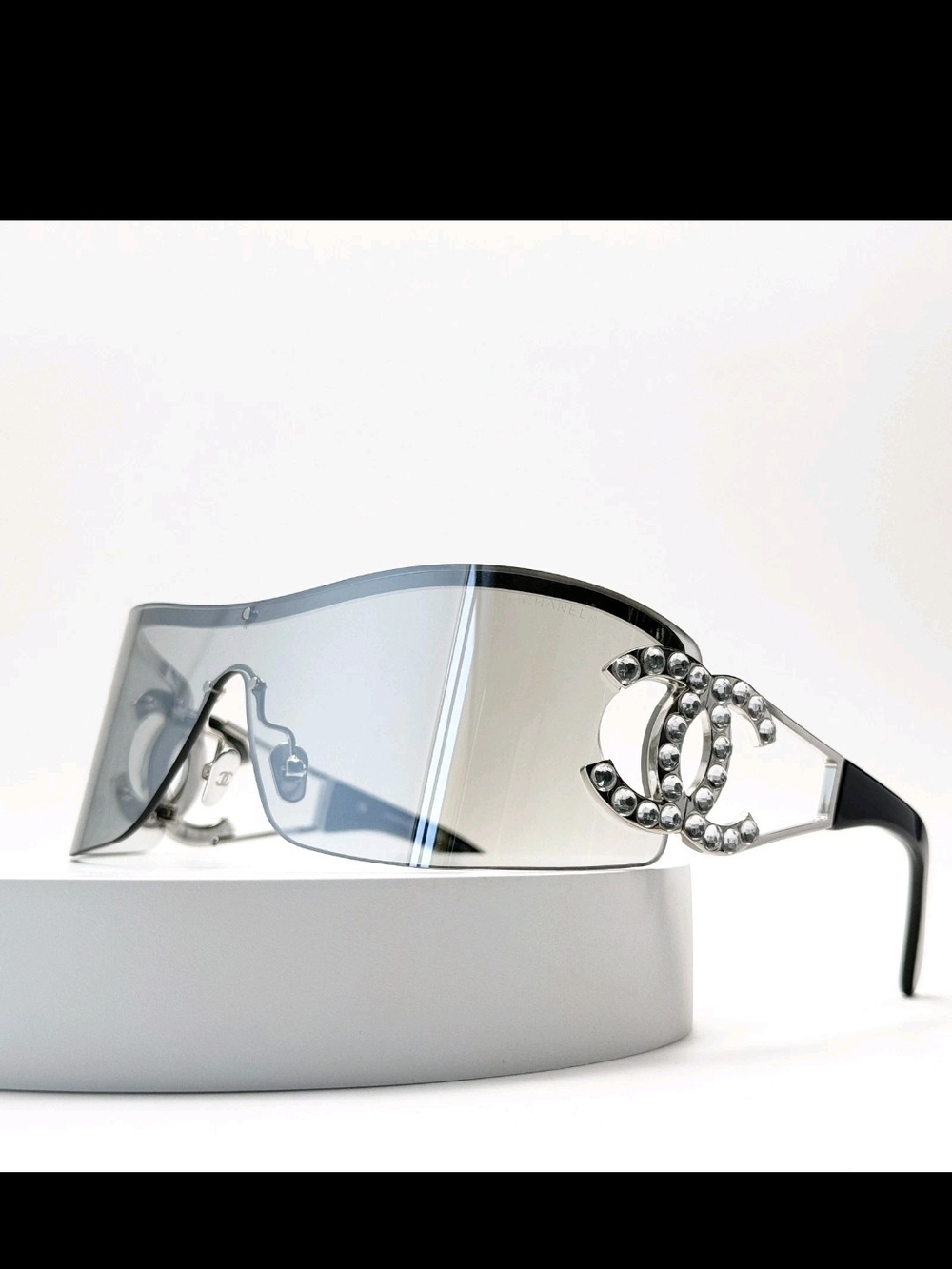 CHANEL Silver-Tinted Shield Sunglasses with Crystal CC Emblem New W/ Box & Case